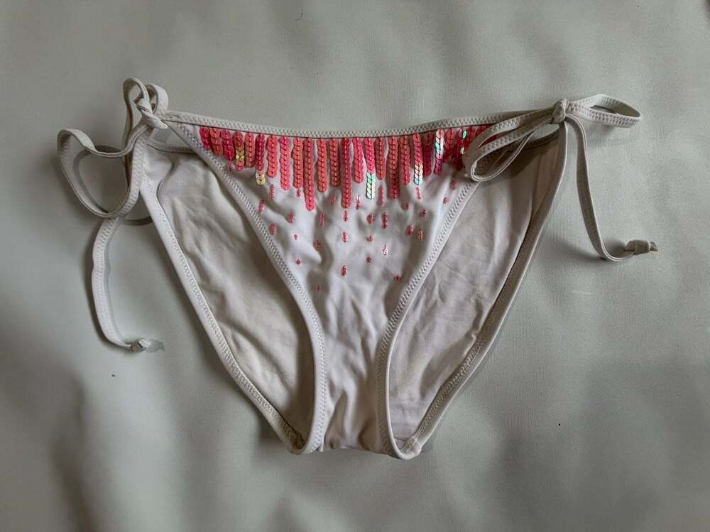 Y2K Sequin Beaded String Tie Bikini Bottom Festival Rave White Red Ombre L